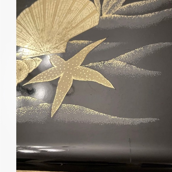 Black Lacquer Otagiri Japan Decorative Seashell Serving Rectangular Tray VNTG - Picture 4 of 5